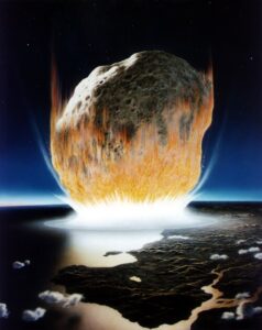 An artist's impression of an asteroid crashing into the sea.