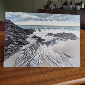 Greetings card with linocut of a beach scene